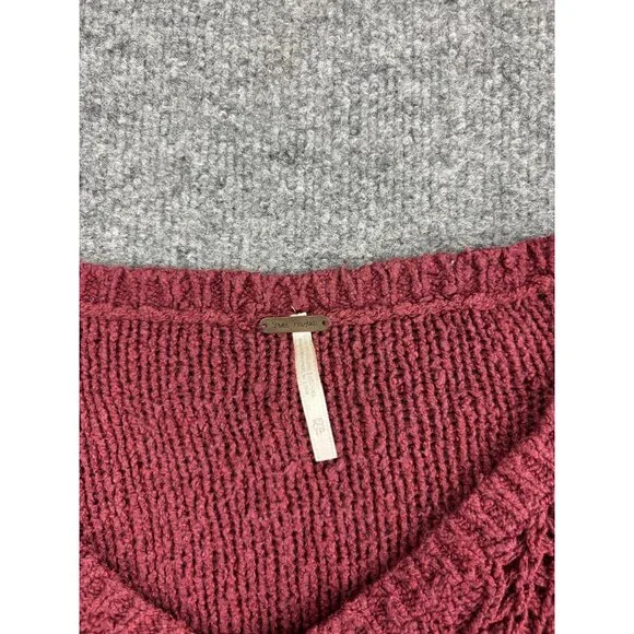 Free People Sweater Womens XS Burgundy V Neck Distressed Knit Pullover Boho - Picture 2 of 7